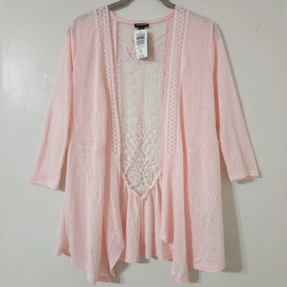 TORRID Nwt 3/4 Sleeve Lace Back Open Front Knit Cardigan, Peach Pink, 00 , M/L - Picture 3 of 16
